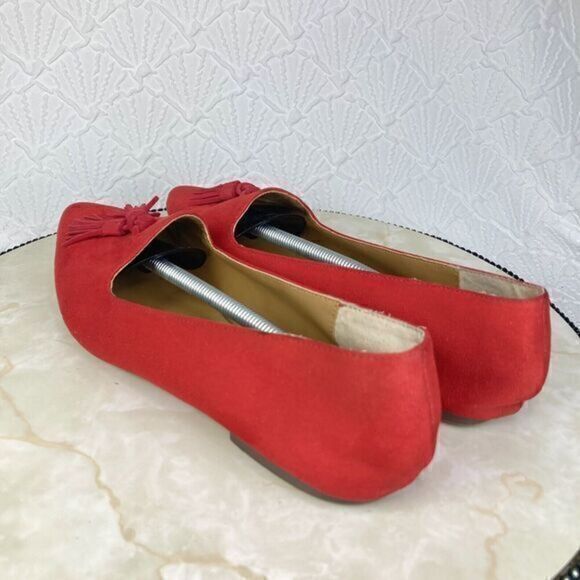J. Crew Tassel Loafers Womens Size 9 Red Microsuede Pointed Toe Slip On Shoes - Picture 7 of 12